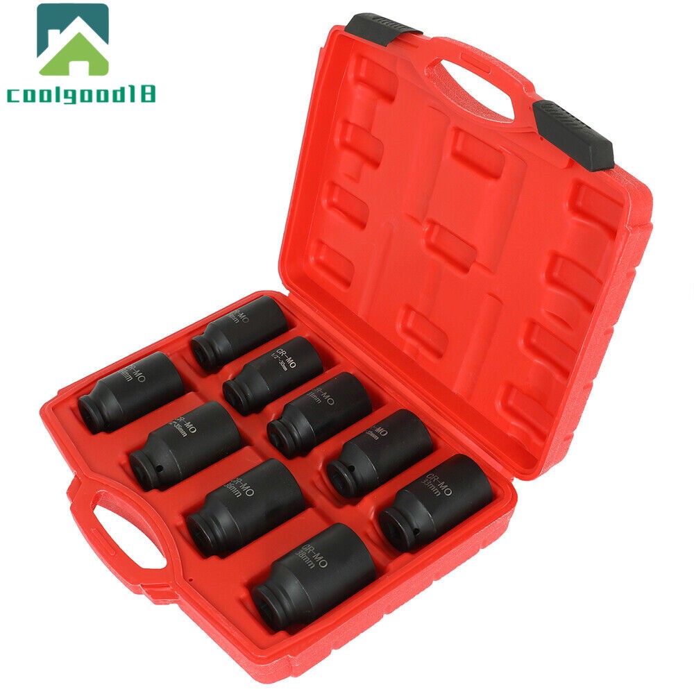 9Pcs 1/2″ Drive Metric Axle Hub Nut Socket Deep Impact Socket Tool Kit 29-38mm