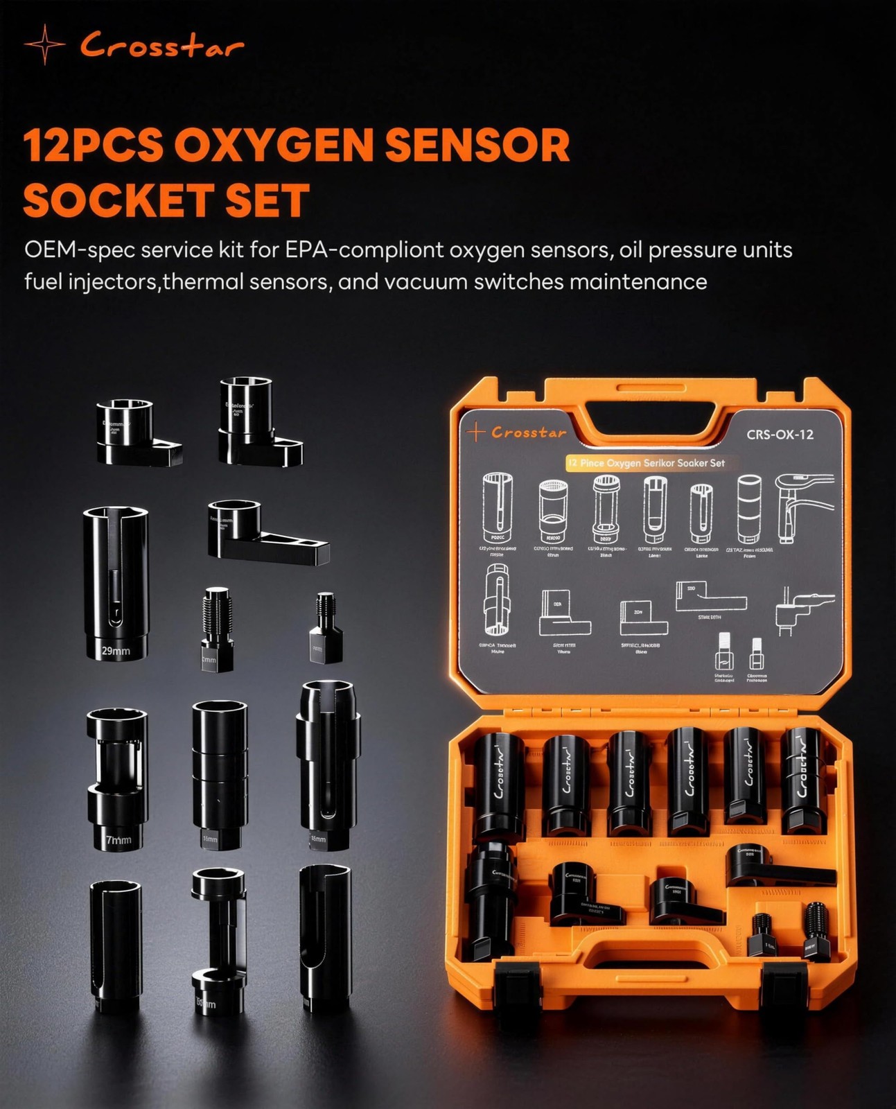 Oxygen Sensor Socket Set Thread Chaser 12Pc 22mm 27mm 11/16in 1/2 3/8in Drive T
