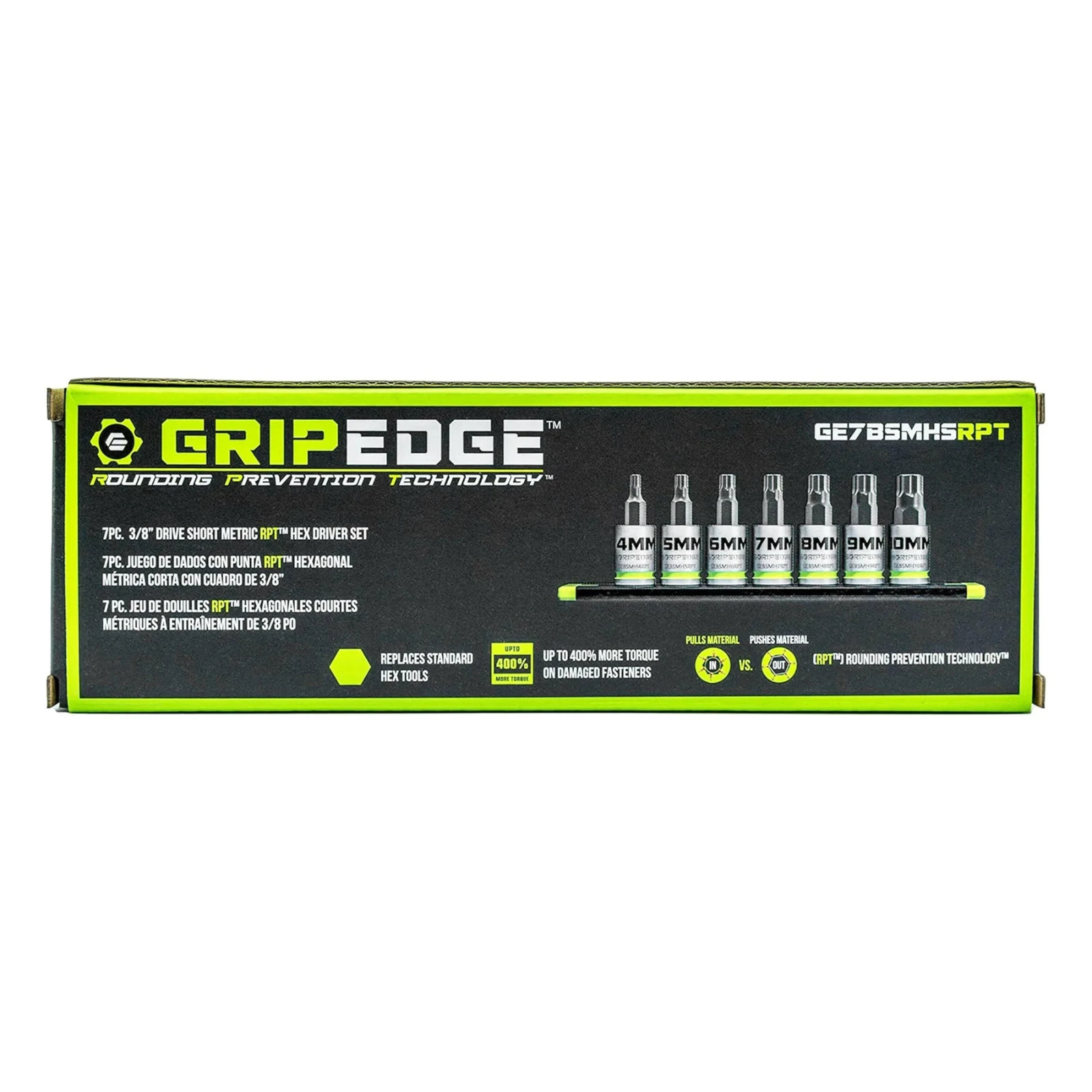 GripEdge Tools GE7BSMHSRPT 3/8» Dr Short Metric RPT Hex Driver Set 7-PC
