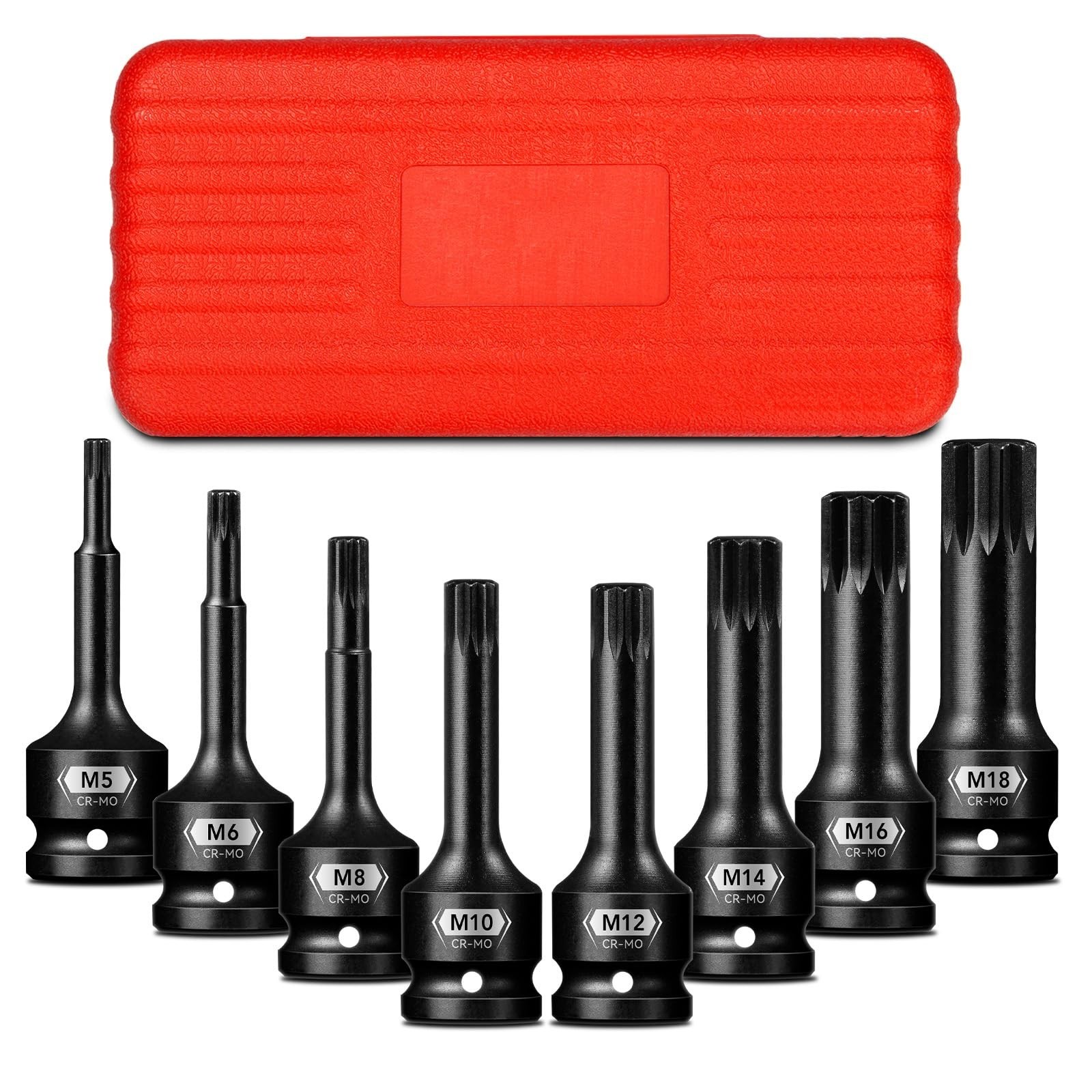 8-Piece 1/2″ Drive Triple Square Bit Socket Set, M5-M18, Impact Spline with Case