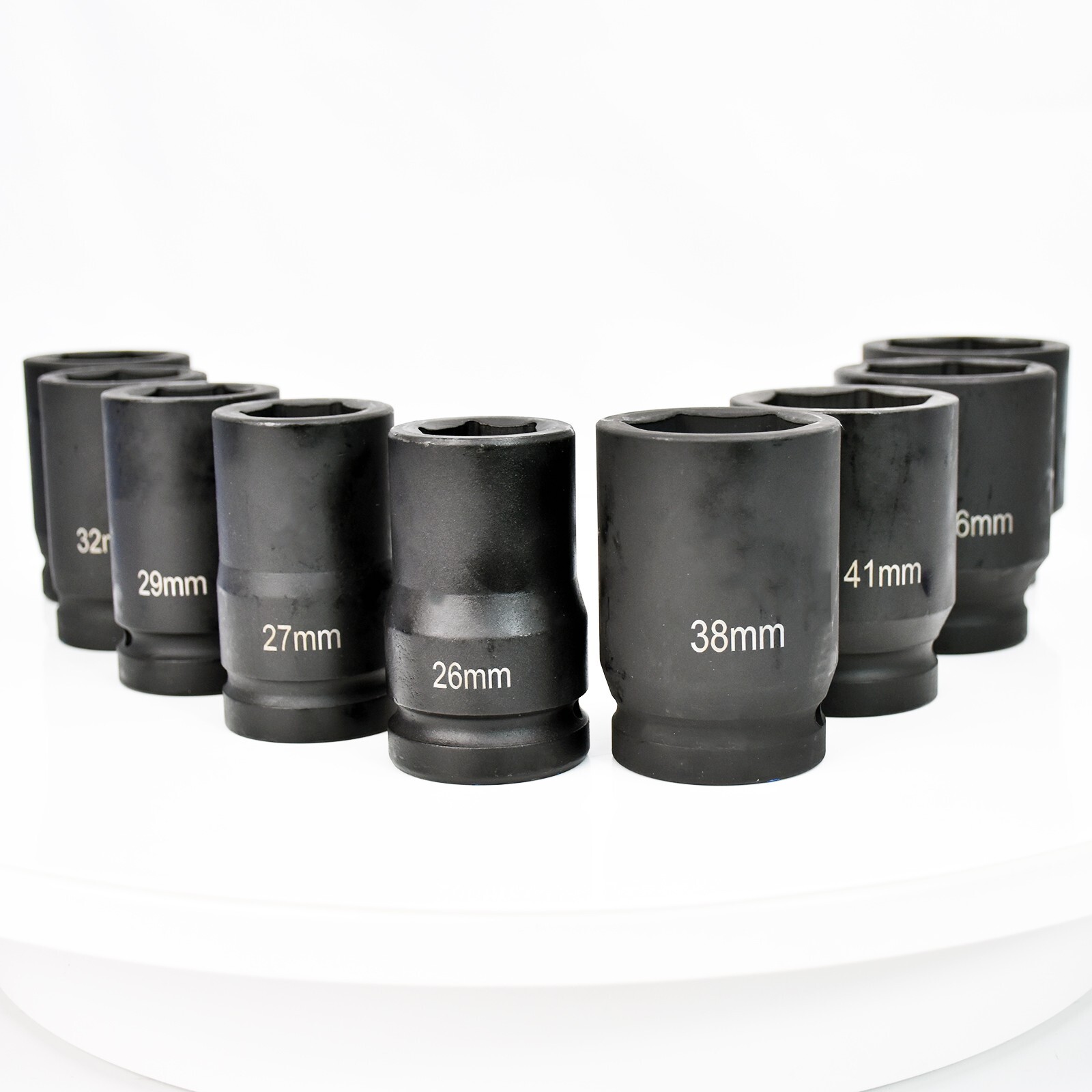Impact Socket Set: Drive Size 1″, 9 Pieces, 26/27mm,29/32/35/38/41/46/50mm JumBo