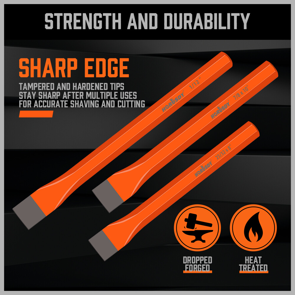 3 PC Cold Chisels Set – Long 8″ 10″ 12″ with Roll Pouch 1″ 7/8″ 25/32″ Hex Shaft
