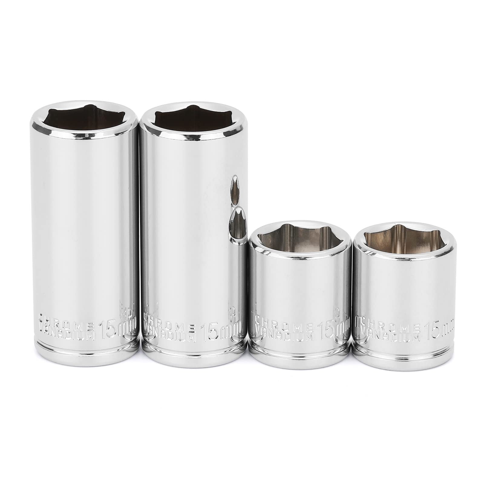 4PCS 1/4″ Drive 15mm Deep & Shallow Socket Set, 6 Point Cr-V Steel Tools