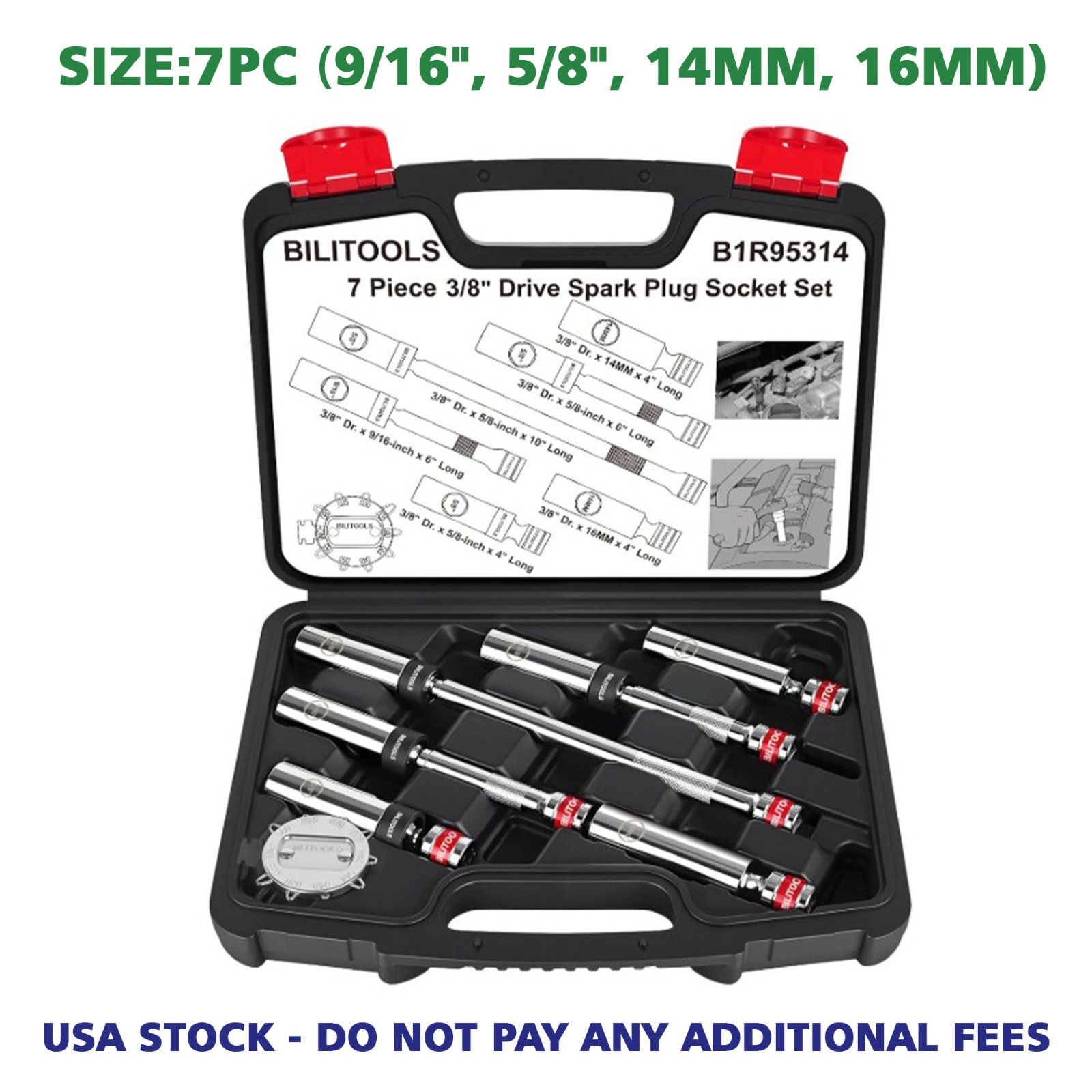BILITOOLS 7-Piece Magnetic Swivel Spark Plug Socket Set Gap Tool 3/8-Inch Drive