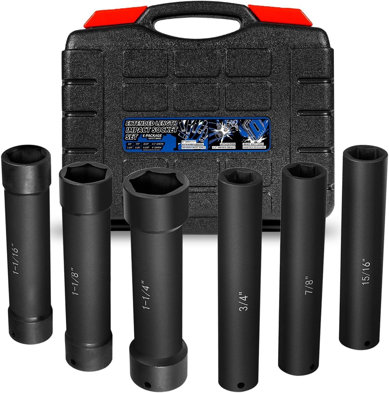 1/2″ Drive Heavy Duty Extended Extra-Deep 6 Point Impact Socket Set Black Oxide