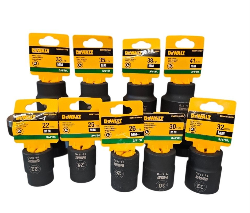 Dewalt 9 pc Impact Socket Set 3/4″ Drive Metric – 6pt 22mm – 41mm DWMT80742 NEW