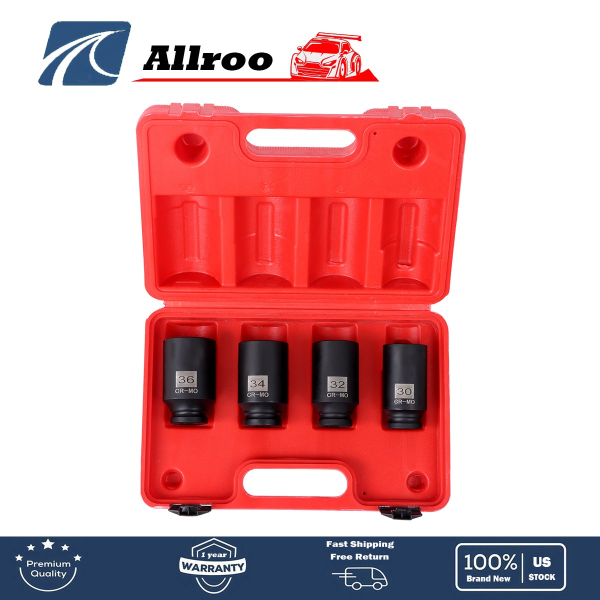 12pt 1/2″ Drive Deep Spindle Axle Nut Socket Set 30mm 32mm 34mm 36mm 4Pcs