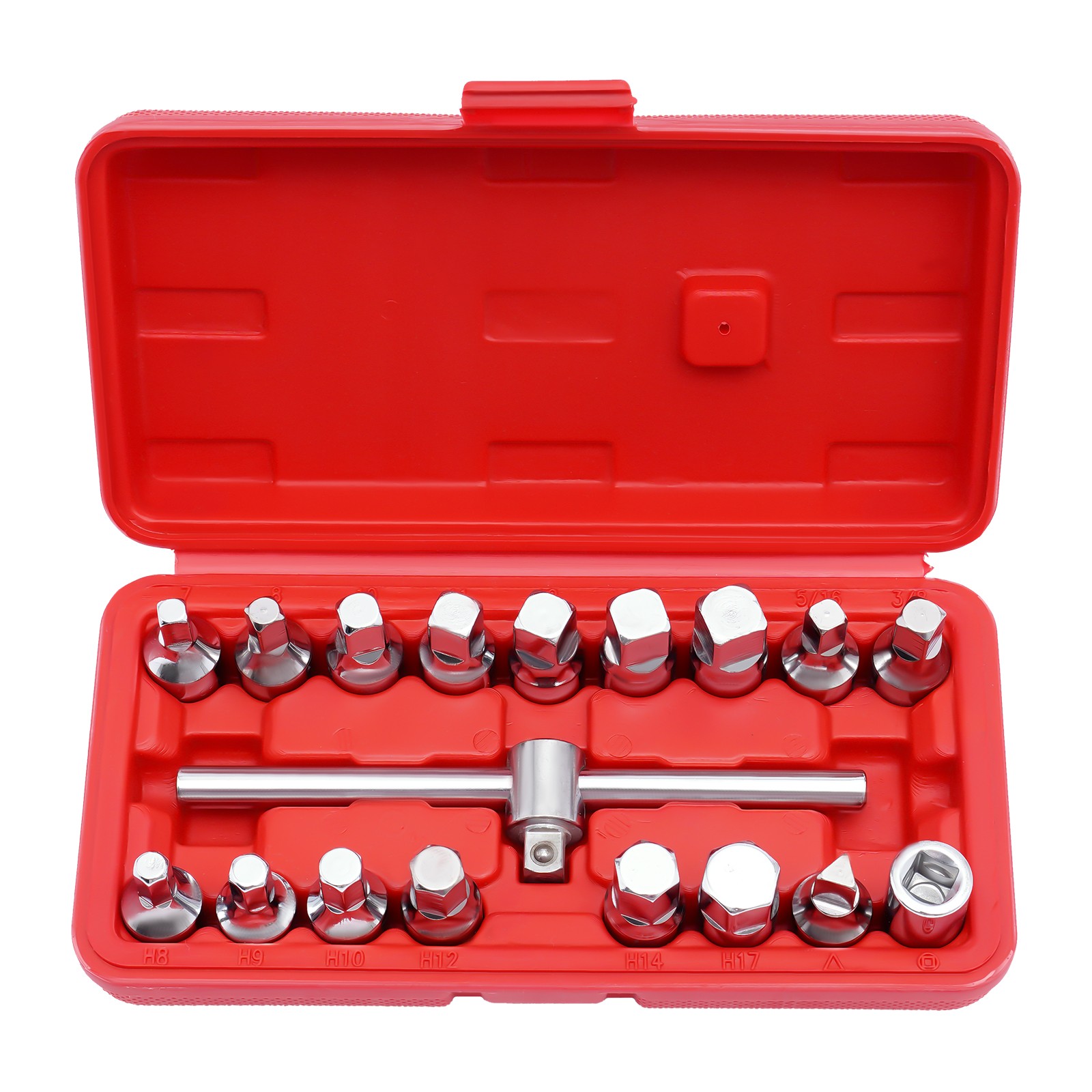 18PCS Oil Drain Pipe Plug Square Triangle Socket 3/8» Drive Removal Tool Set