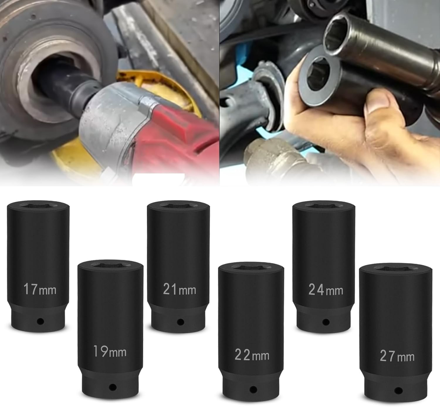 6 Pack 1/2″ Crank Bolt Socket Set,17MM, 19MM, 21MM, 22MM, 24MM 27MM, Black