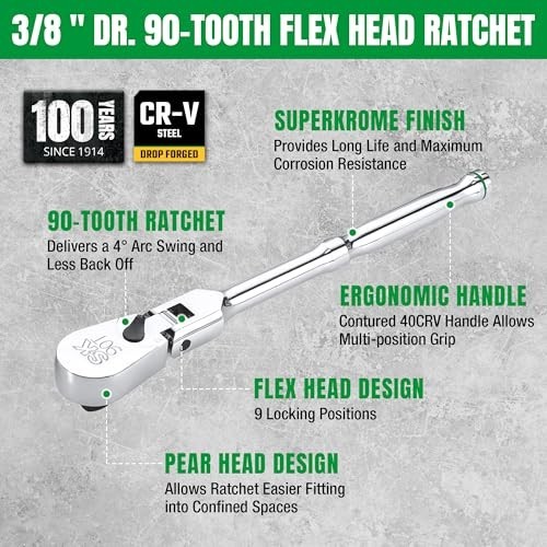 3/8″ Drive Flex Head Ratchet Handle – 90-Tooth, Reversible, CR-V, Ergonomic Grip