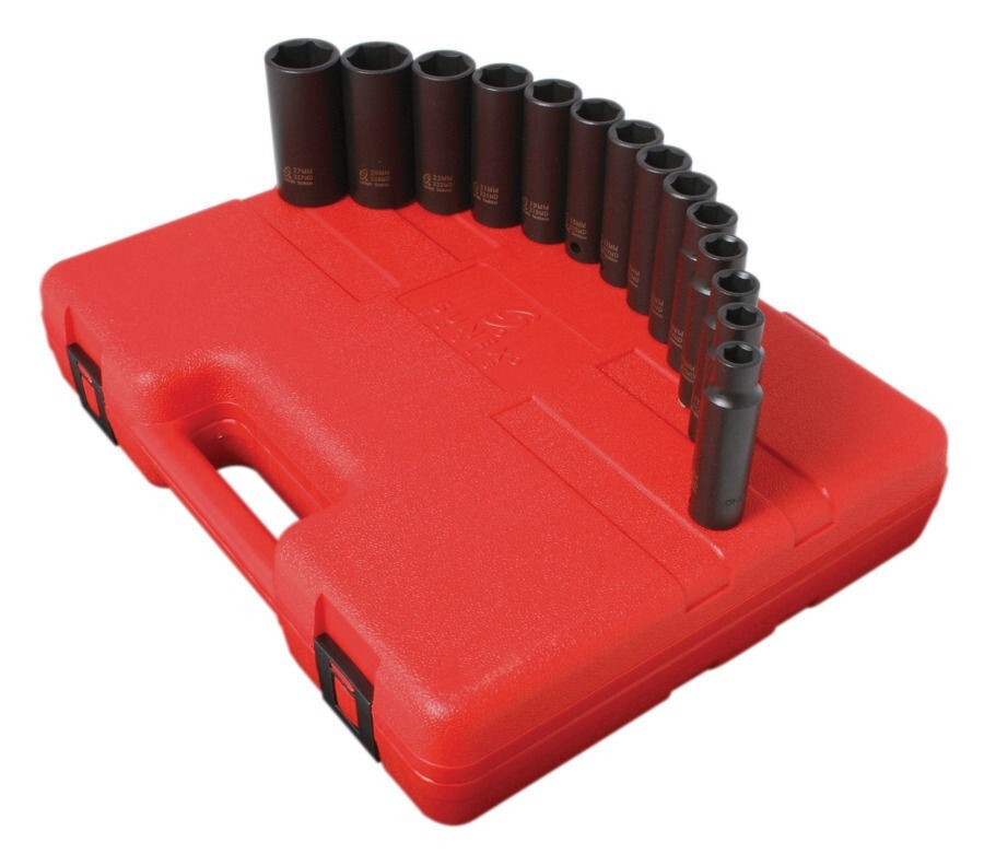 Sunex 14pc 1/2 Metric 6pt Point Deep Well Impact Sockets Set Tools Drive MM 2653