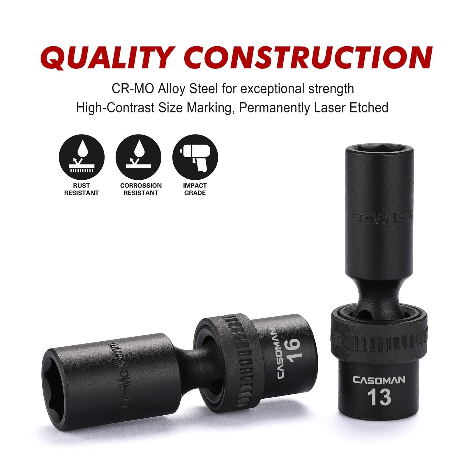 10 PCS 3/8″ Drive Deep Impact Socket Set, 6 Point, CR-MO, Metric 10-19mm Tools