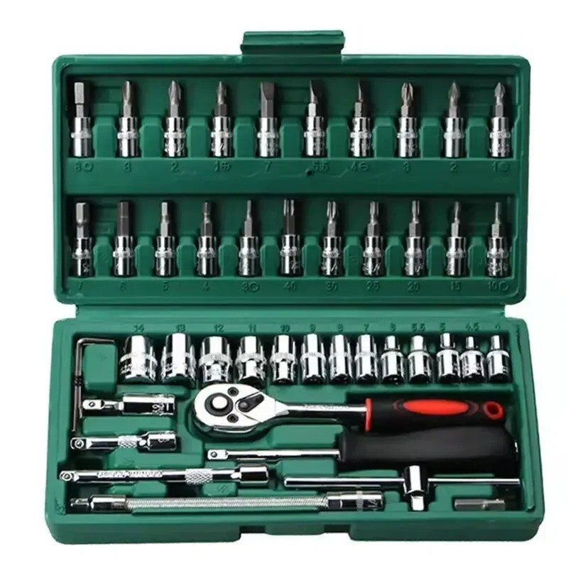 46pcs Car Repair Tool Kit 1/4″ Socket Set Ratchet Torque Wrench Mechanic Tools