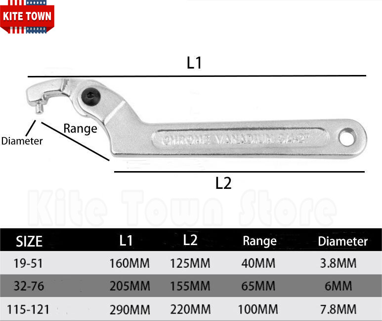 Adjustable Hook Wrench 19–121mm C Round Spanner Tool Slotted Retaining Universal