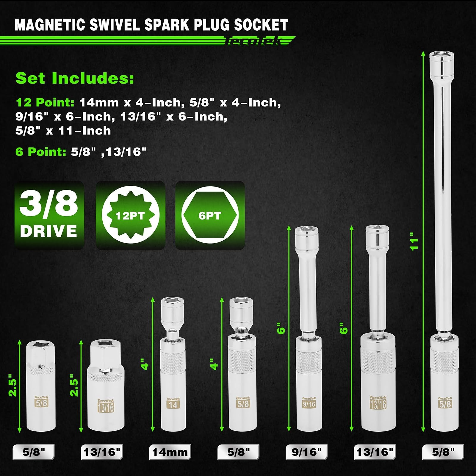 7-Piece Magnetic Swivel Spark Plug Socket Set – 3/8″ Drive, 6-Point & 12-Point,