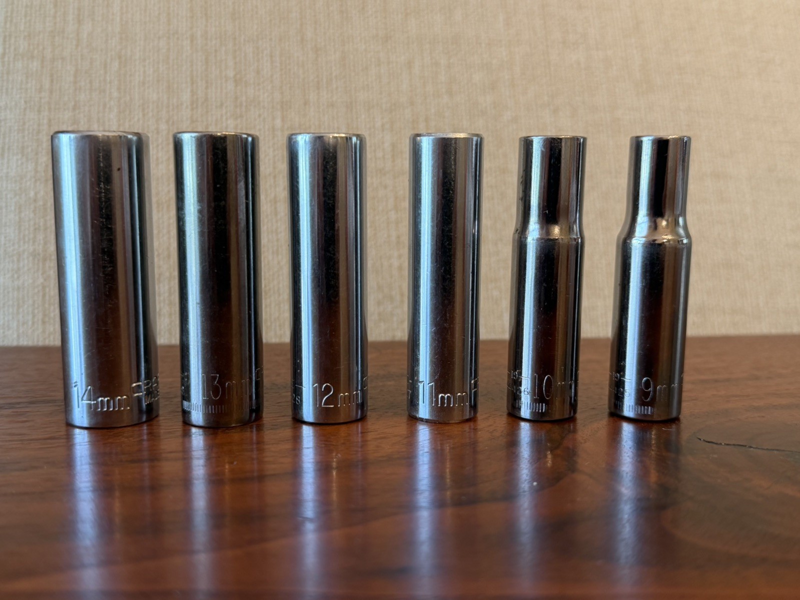 Lot of 6 Craftsman 3/8” drive deep well sockets metric 9, 10, 11, 12, 13, & 14mm