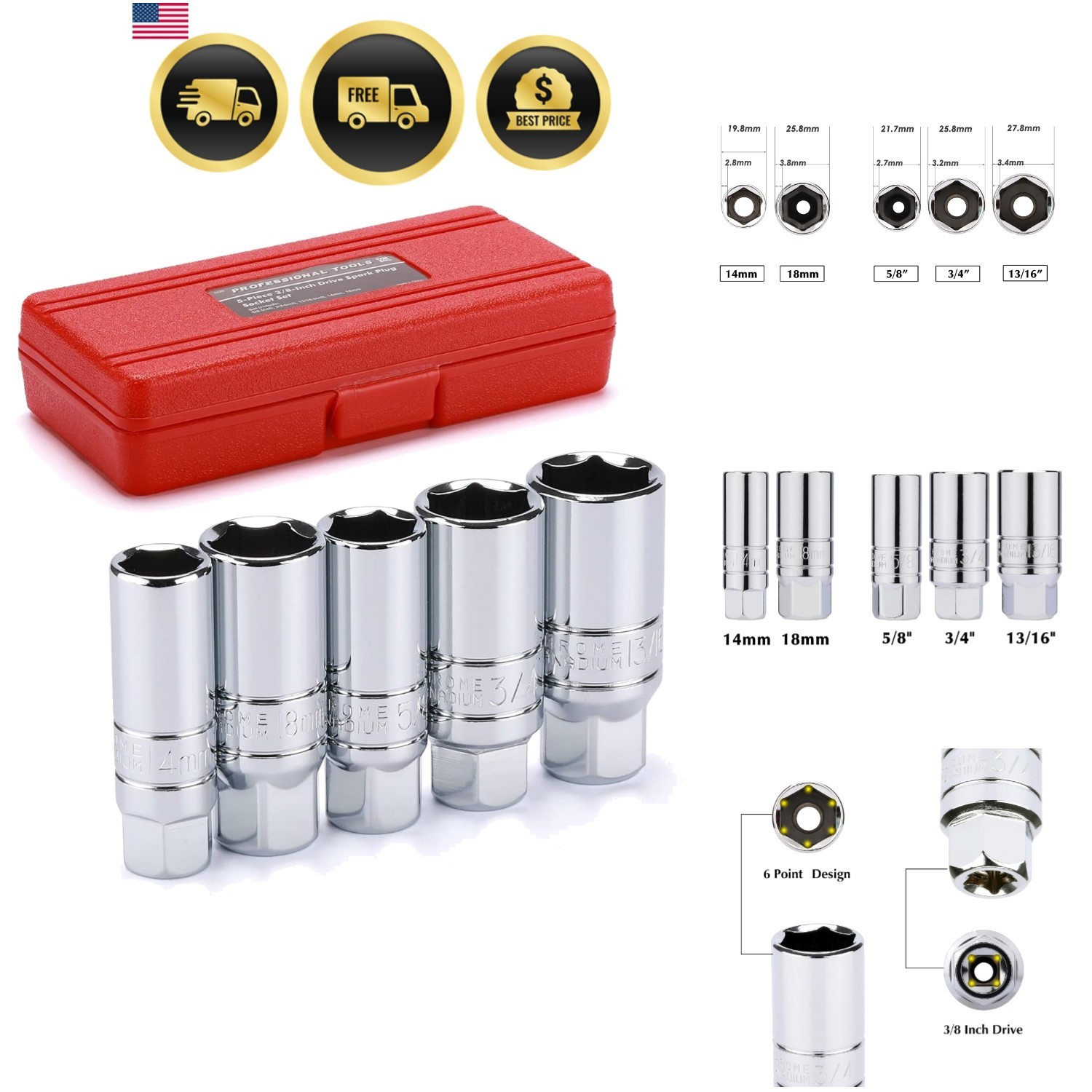 5PCS 3/8″ Drive Spark Plug Socket Set, CR-V, SAE and Metric, 3/8″ Drive 6-Poi…