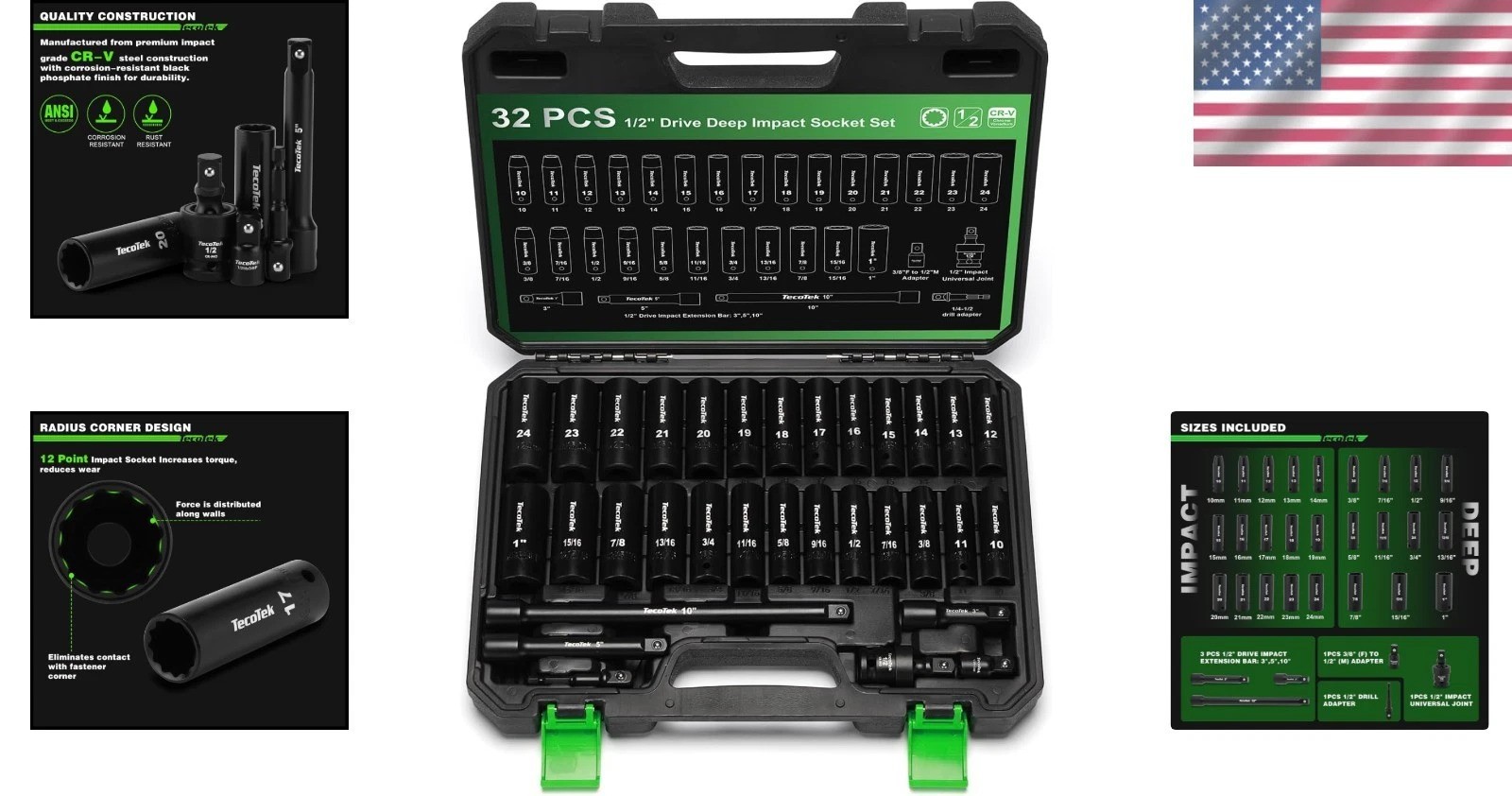 1/2″ Drive Deep 12-Point Impact Socket Set, 32-Piece Socket Set, SAE 3/8-1-In…