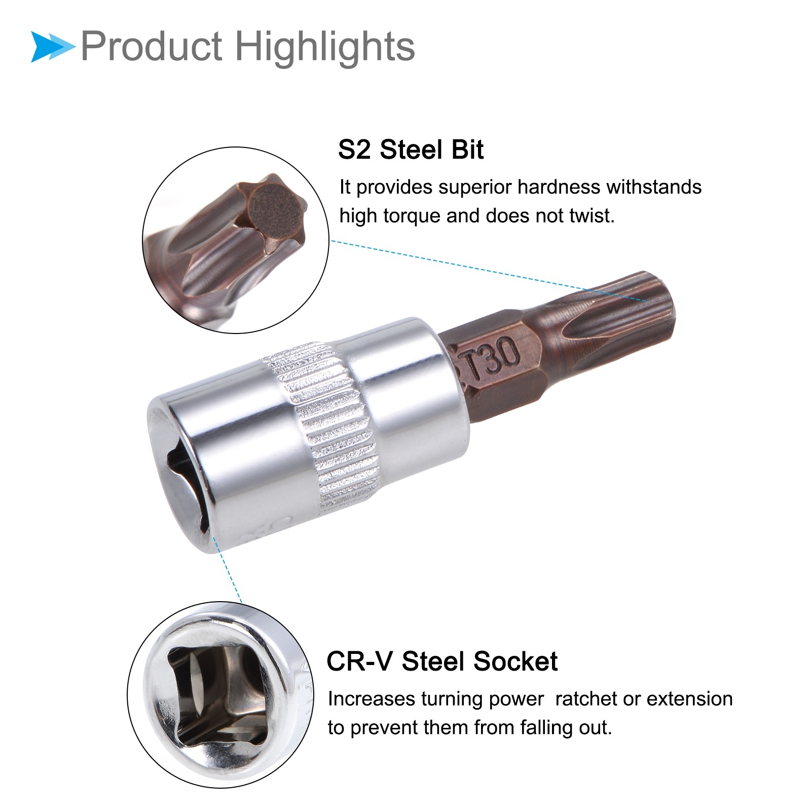 3PCS Torx Bit Socket Metric T30 Bit 1/4″ Drive 1.5″ Long Alloy Steel CR-V Socket