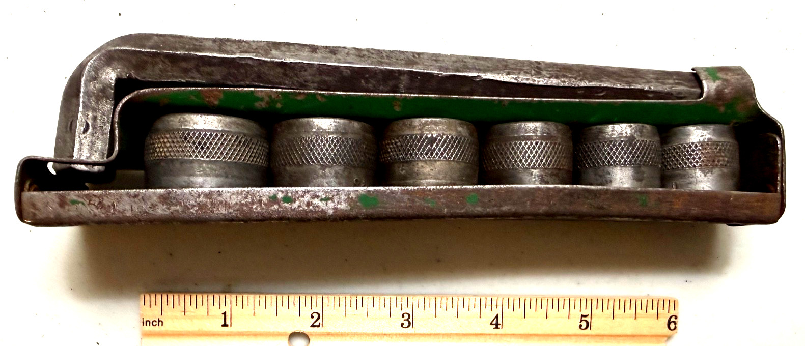 Vintage Indestro 6 Socket Set, w Breaker Bar & Holder, Early 1930″s, Good Cond