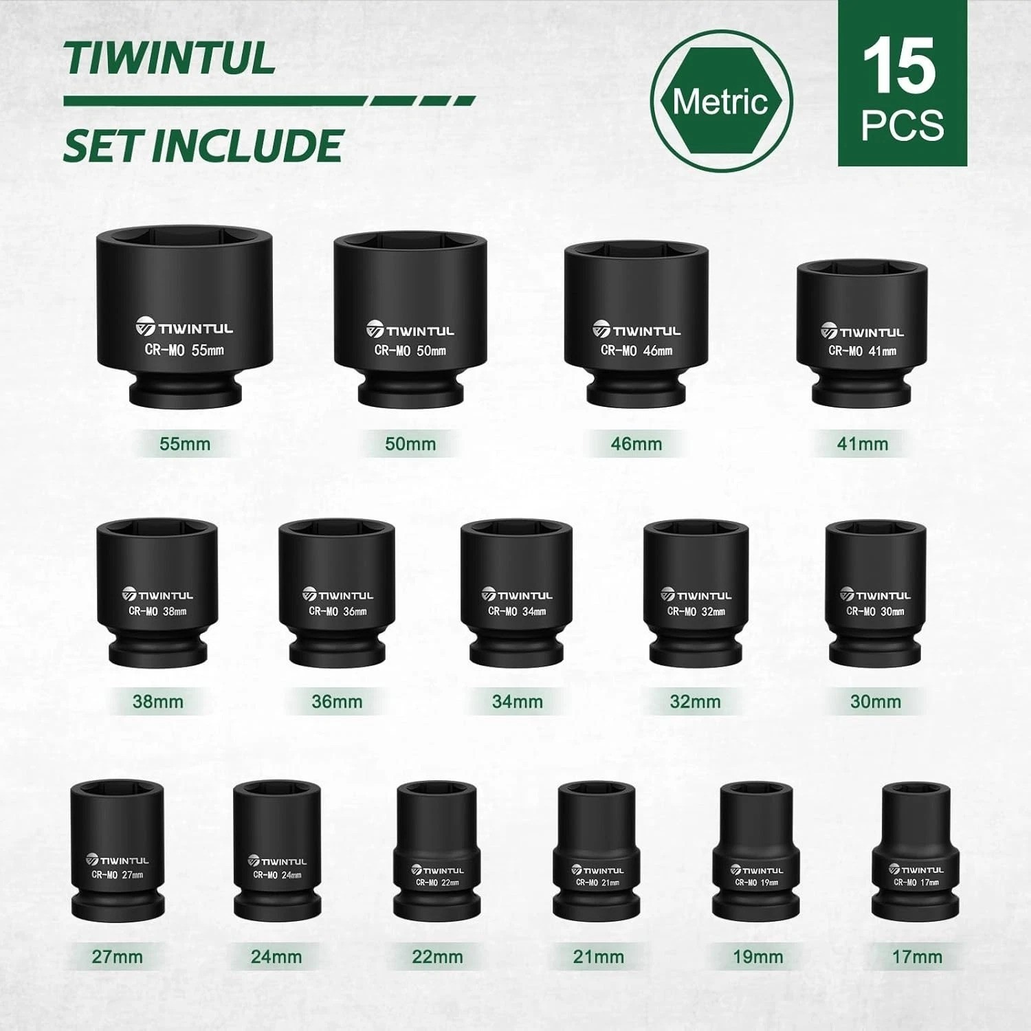 3/4 Inch Drive Impact Socket Set, 15 Pieces Heavy Duty 6-Point CR-MO Steel Im…