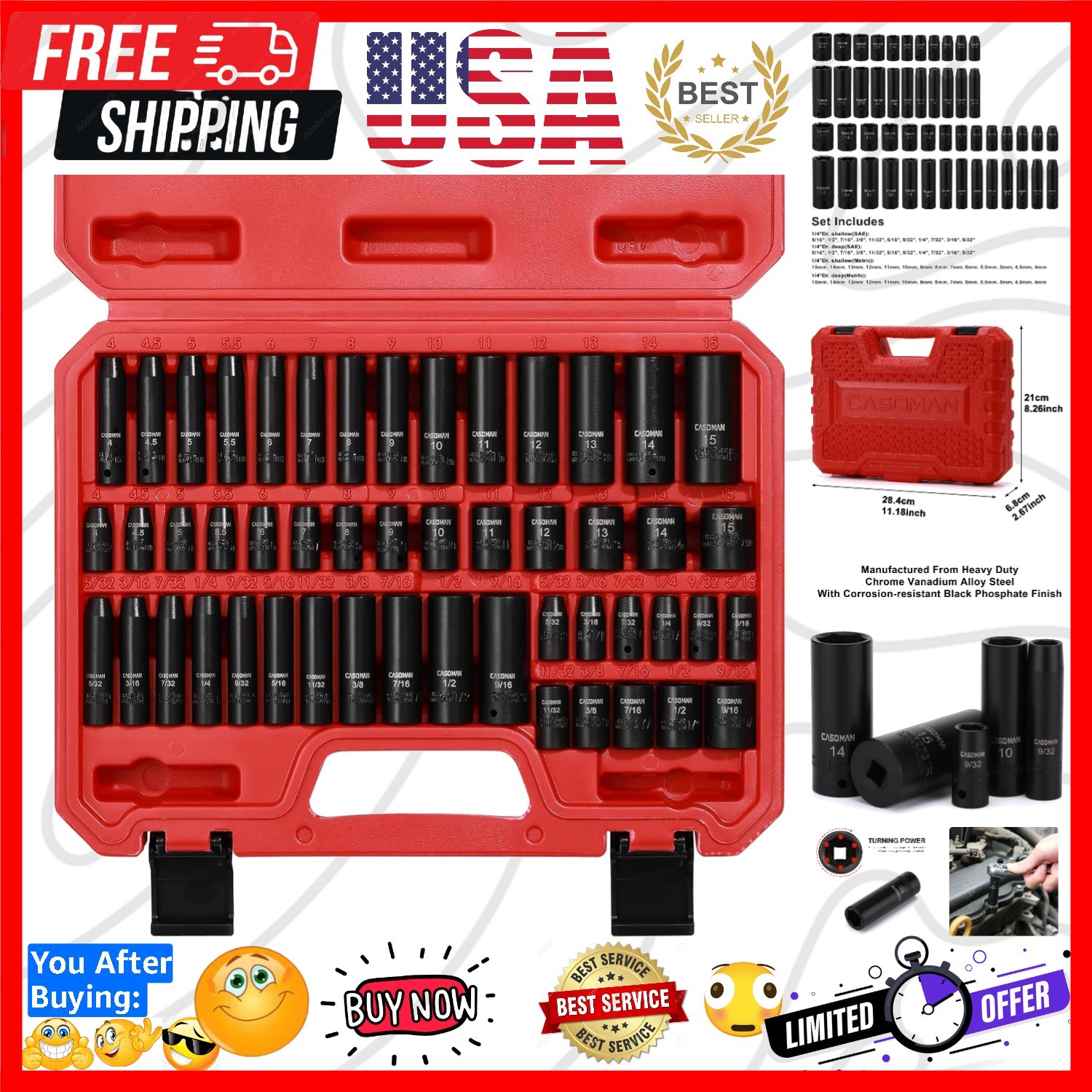 1/4 Inch Drive Master Impact Socket Set, 50-Piece, 6-Point, SAE/Metric, 5/32 …