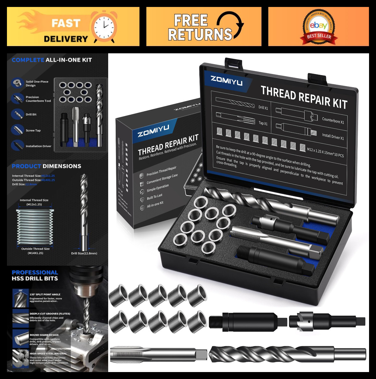 M12x1.25 Metric Thread Repair Kit – HSS Drill, Tap, Counterbore & 10 Inserts