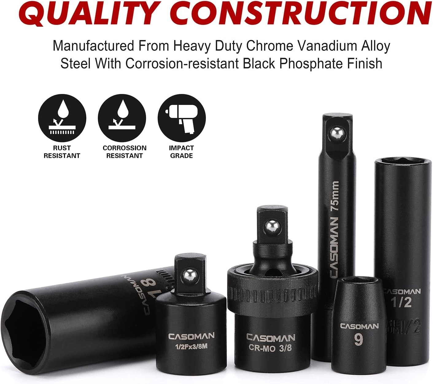 3/8″ Drive Impact Socket Set 49 Piece SAE & Metric 6 Point Cr-V Steel Deep & Sha