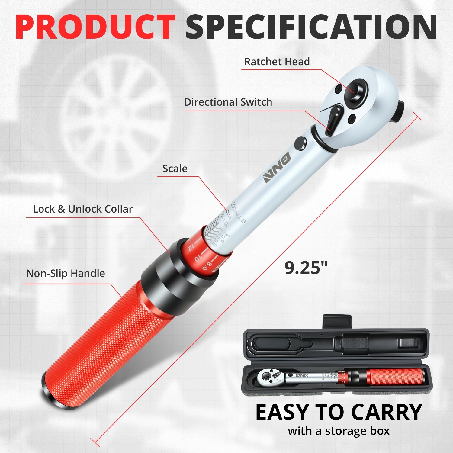 3/8″ 20-200IN.-LB Mechanic Adjustable Click Torque Wrench w/ Storage Box Red