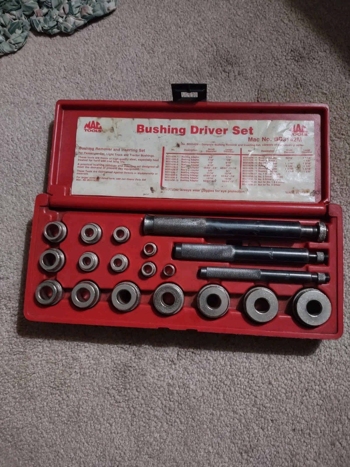 MAC TOOLS #BD3142M. 22pc Heavy Duty Bushing Driver Set #BD3142M