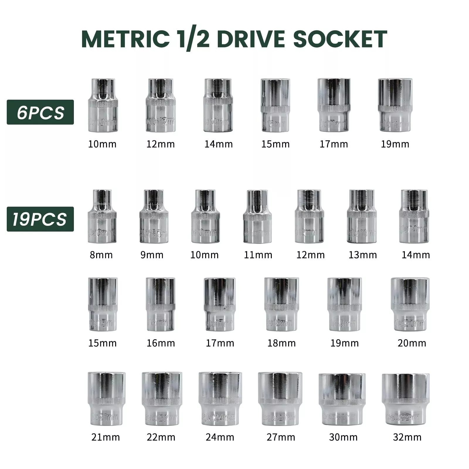 Metric 32Pcs 1/2″ Drive Socket Set 8-32mm Sockets 6/12 Point Ratchet Wrench Kit