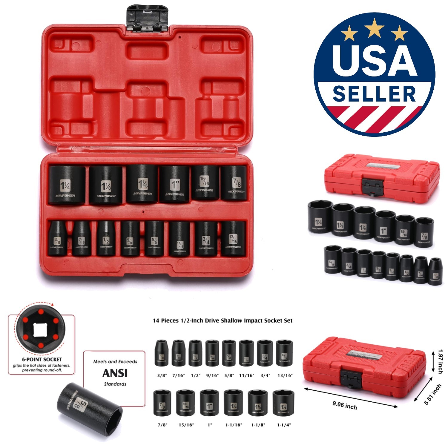 1/2-Inch Drive Shallow Impact Socket Set – 3/8 to 1-1/4 Inch Sizes