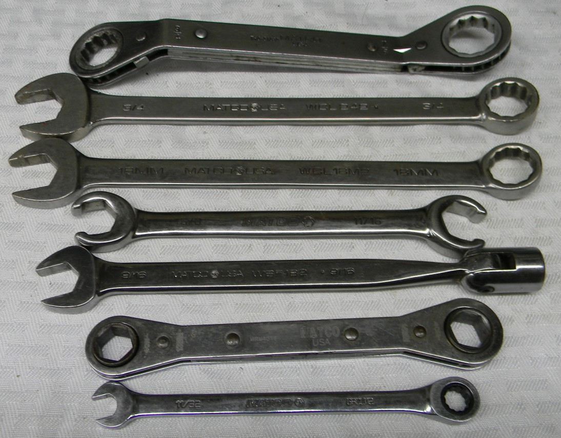 MATCO TOOLS 7PC WRENCH LOT GRCL112,WRM1314,WBF182,RF20226,WCL18M2,WCL242,WRD2428