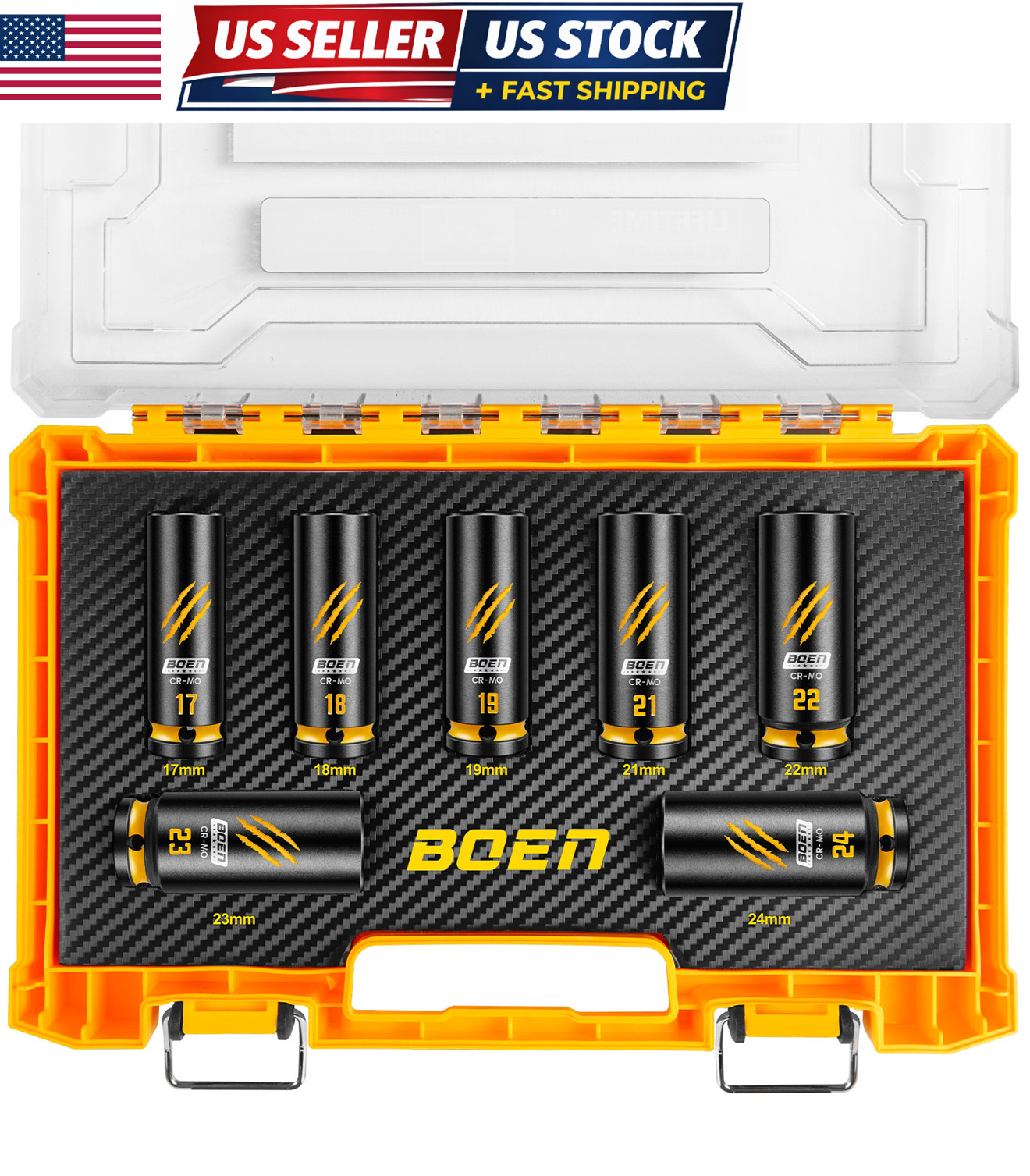 7-Piece BOEN 1/2″ Drive Metric Impact Socket Set, (17, 18, 19, 21, 22, 23, 24 mm