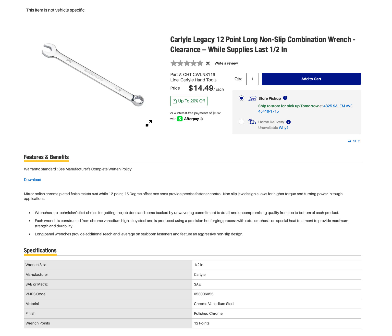 Carlyle 4 Pc Long SAE Combination Wrench Set 7/16 1/2 11/16 3/4 12 Point NEW!