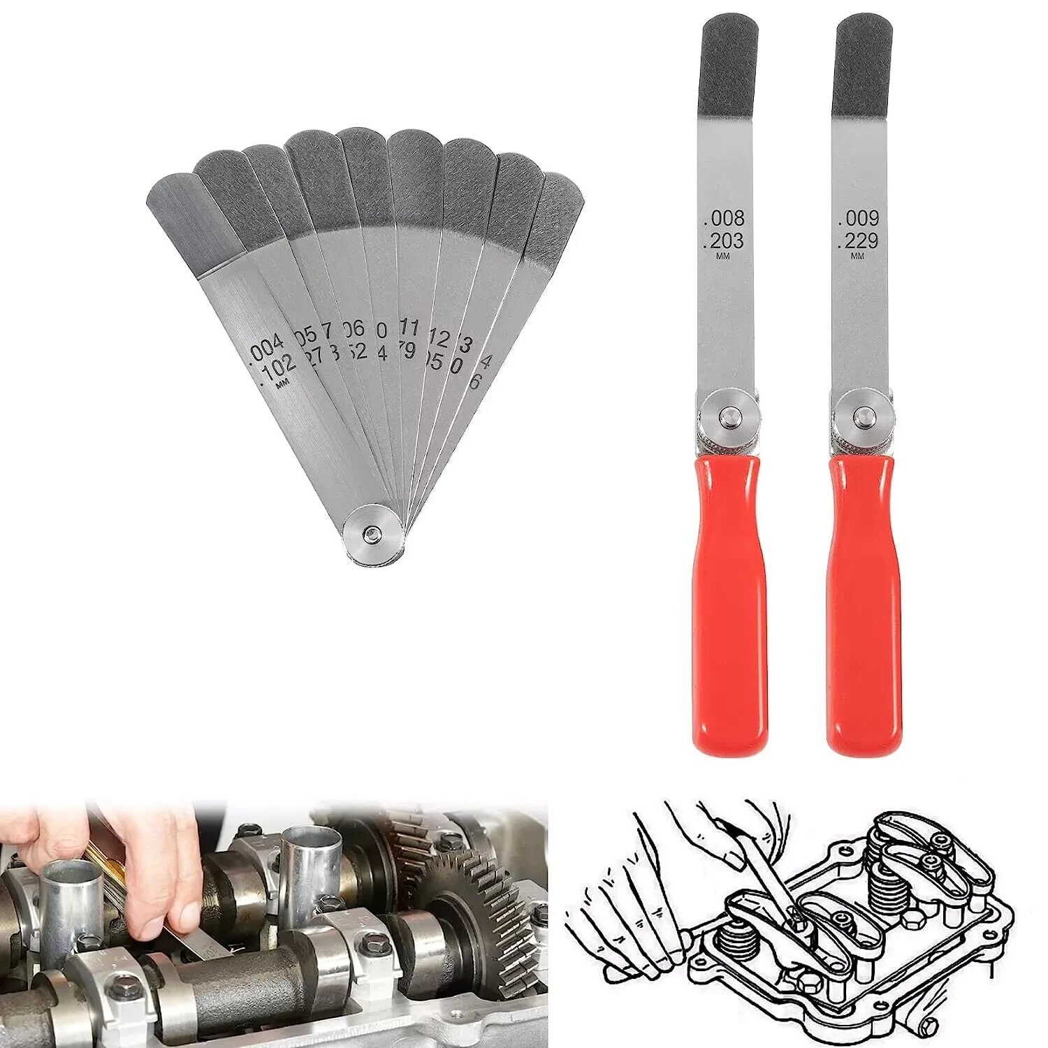 A308 Offset Valve Tappet Gauge 11-Blade Feeler Gauge Kit Sizes 0.004″ to 0.014″