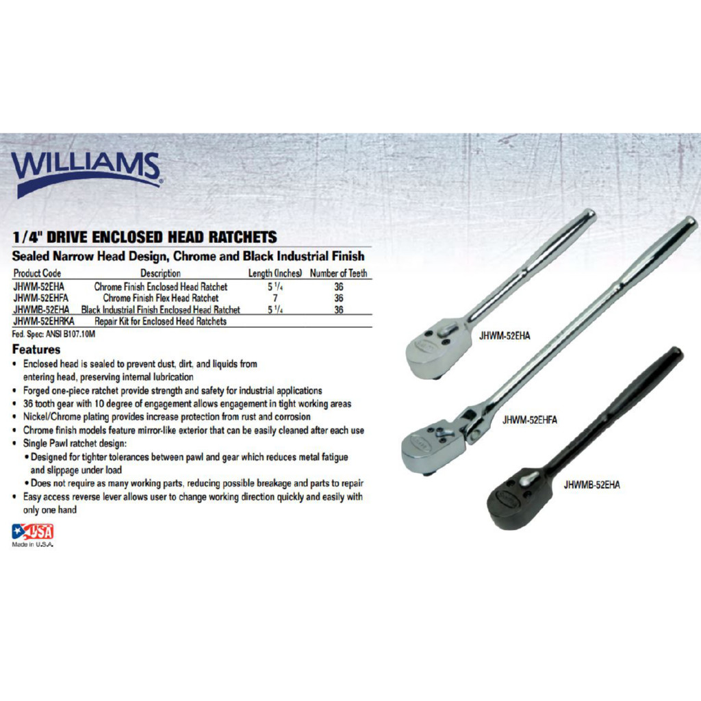 1/4-Inch Drive, Flex Head Ratchet, Chrome Finish,36 Teeth, Williams M-52EHFA