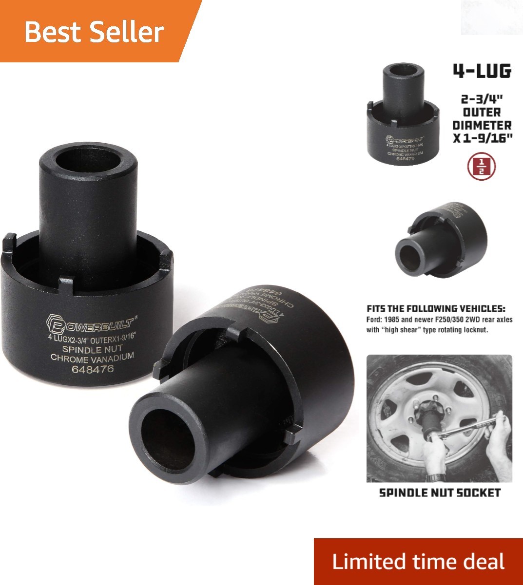 Spindle Nut Socket 4 Lugs Ford 2-3/4 inch Outer 1/2 inch Drive