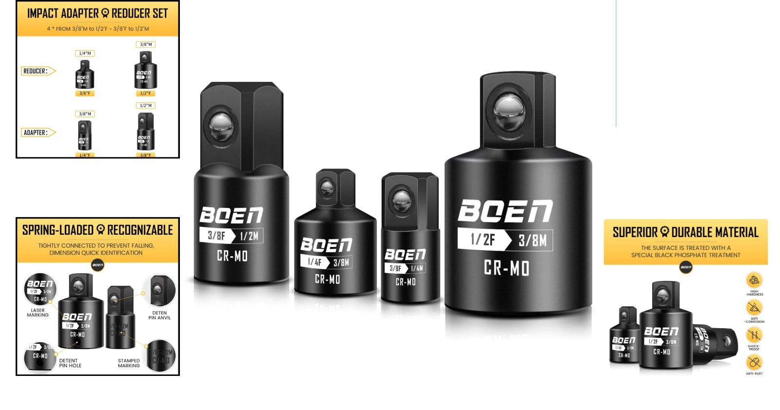 Durable 4-Piece SAE Impact Socket Adapter Set with Corrosion-Resistant Finish