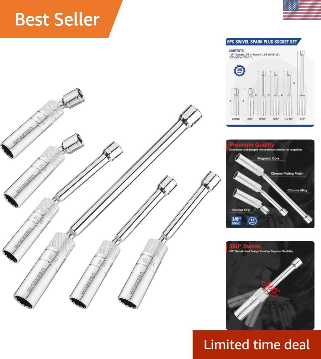 Versatile 6-Piece Spark Plug Socket Set with Extensions for auto Maintenance