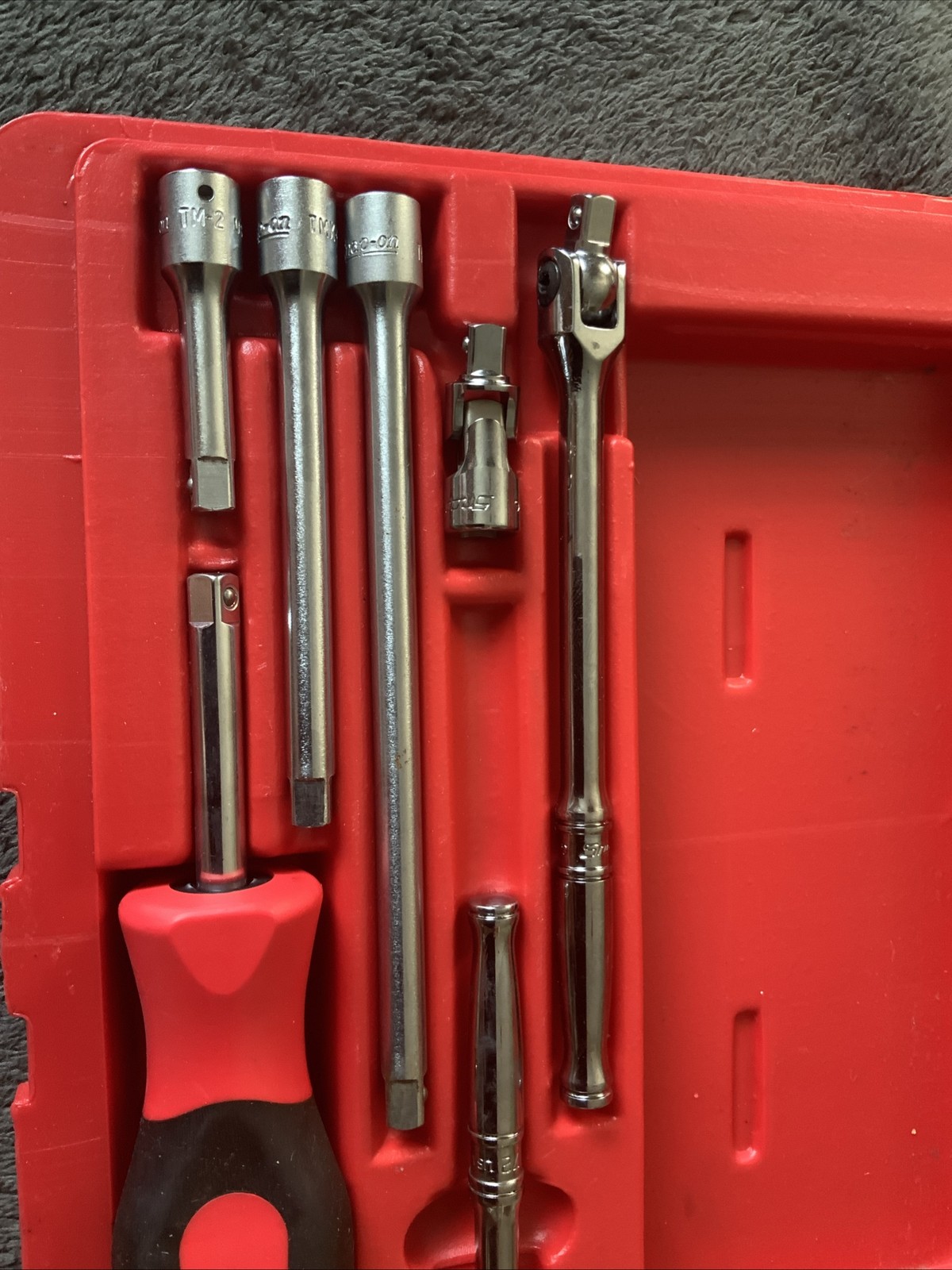 Snap On 1/4” Drive Ratchet, Driver, Breaker Bar, Extensions, In Case….see Pics..