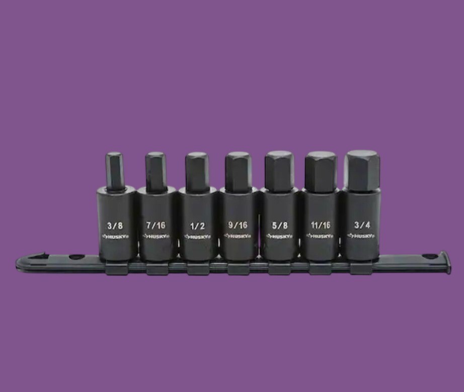 Husky 1/2 In. Drive Hex Bit Impact Socket Set SAE 7-Pieces with Rail 3/8 to 3/4
