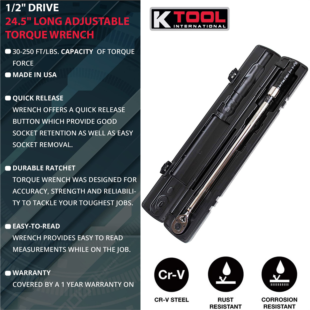 K-Tool 72126A 1/2″ Drive 24.5″ Long Adj Torque Wrench 30-250 ft/lb Capacity