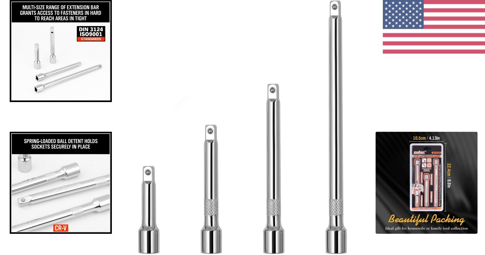 1/4″ Socket Extension Set – 4PCS Chrome Vanadium, Polished Finish – Durable Tool