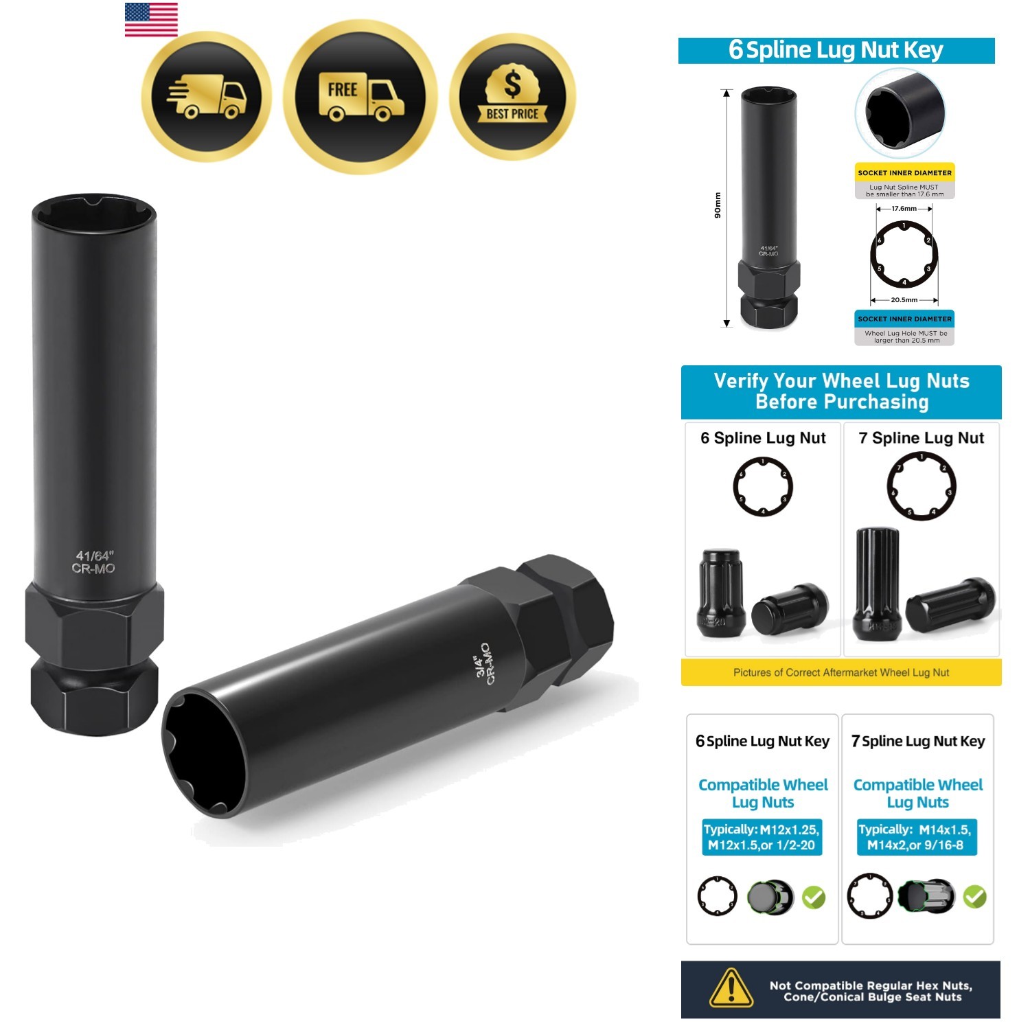 2 Piece Small 6 & 7 Spline Lug Nut Socket-Tuner Socket Tool, Wheel Lock Key f…