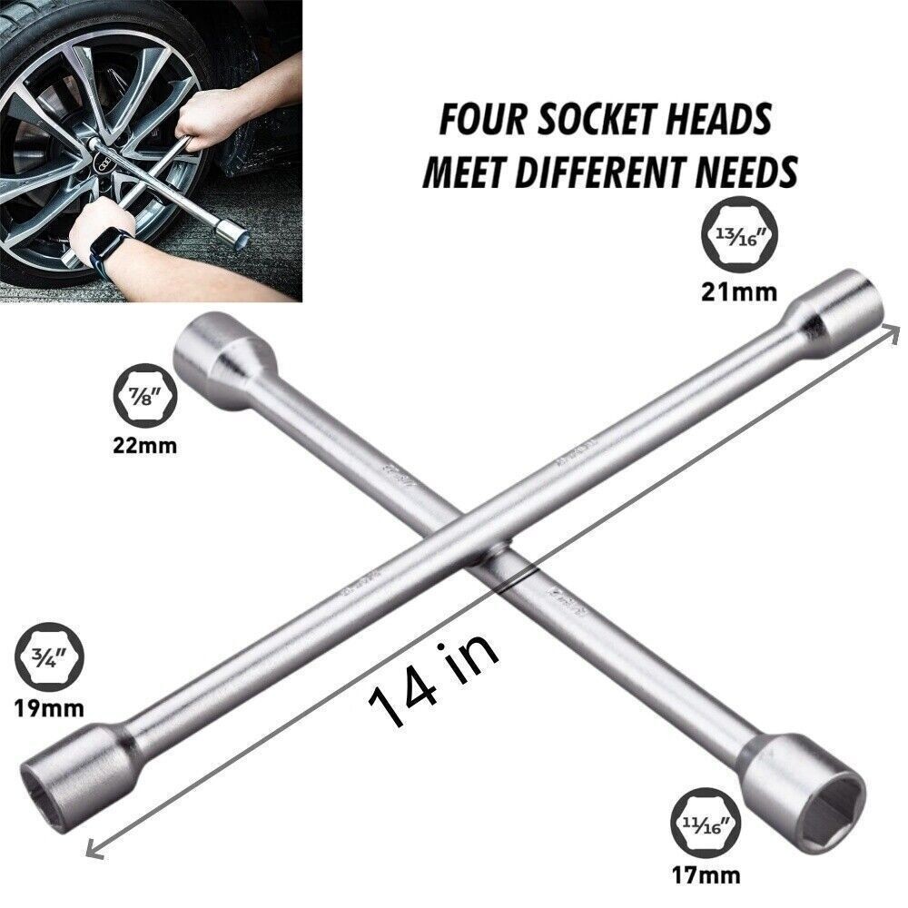 Universal Wrench 4 Way Lug Nut Tool 14» Heavy Duty Socket Wheel Tire Change USA