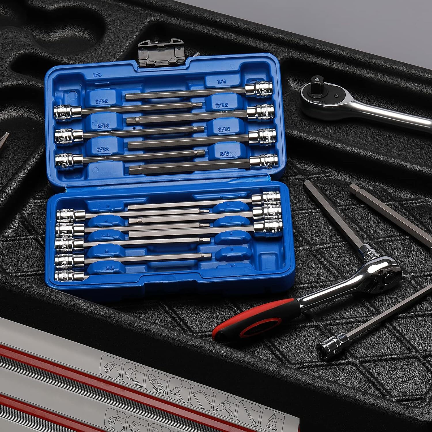 18piece 3/8 Inch Drive Extra Long Allen Hex Bit Socket Set Sae & Metric 1/83/8