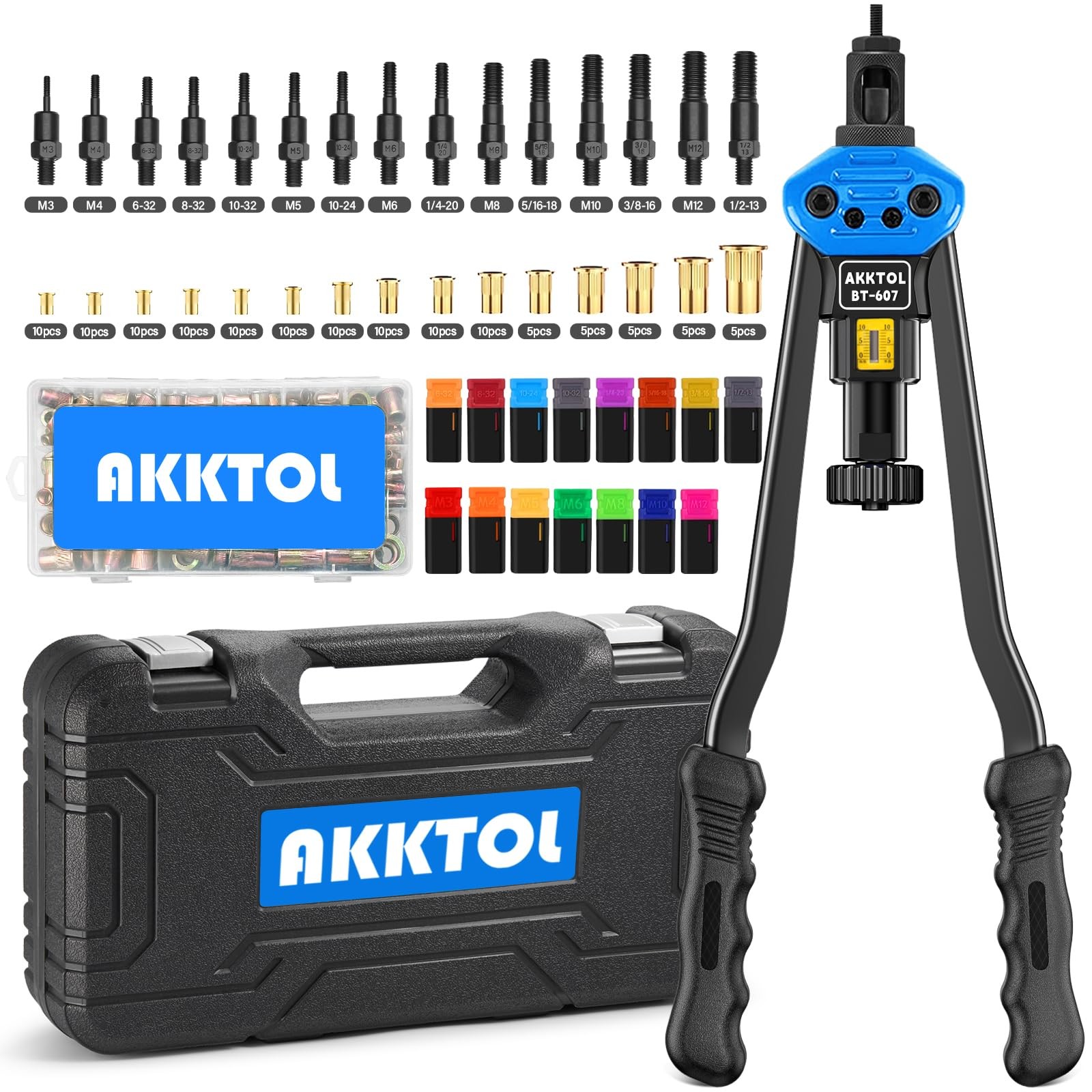 Rivet Nut Tool Kit 16 125-PCS Metric SAE Mandrels Carrying Case AKKTOL Rivnut