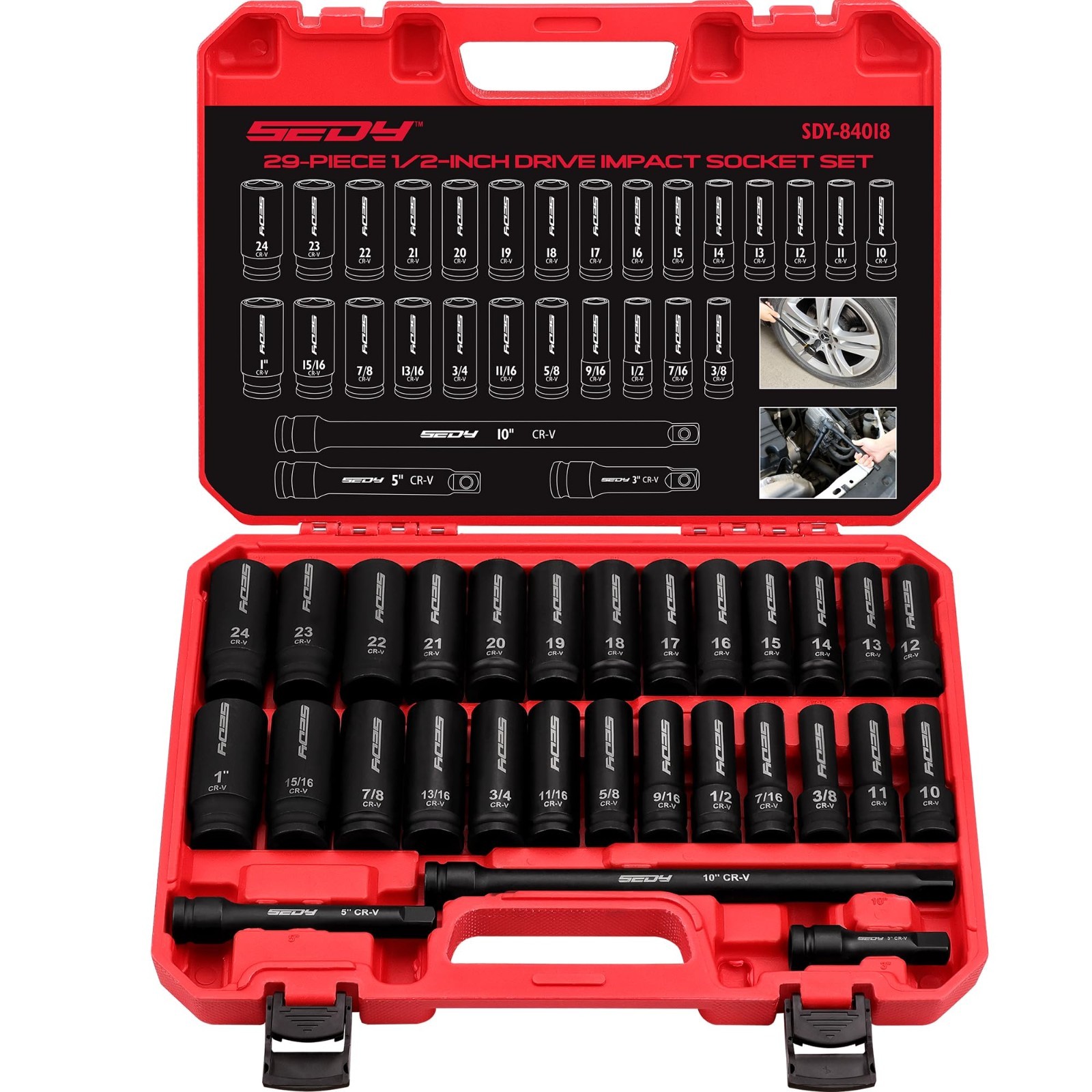 29-Piece 1/2″ Drive Impact Socket Set, SAE & Metric, Deep & Standard Sockets, CR