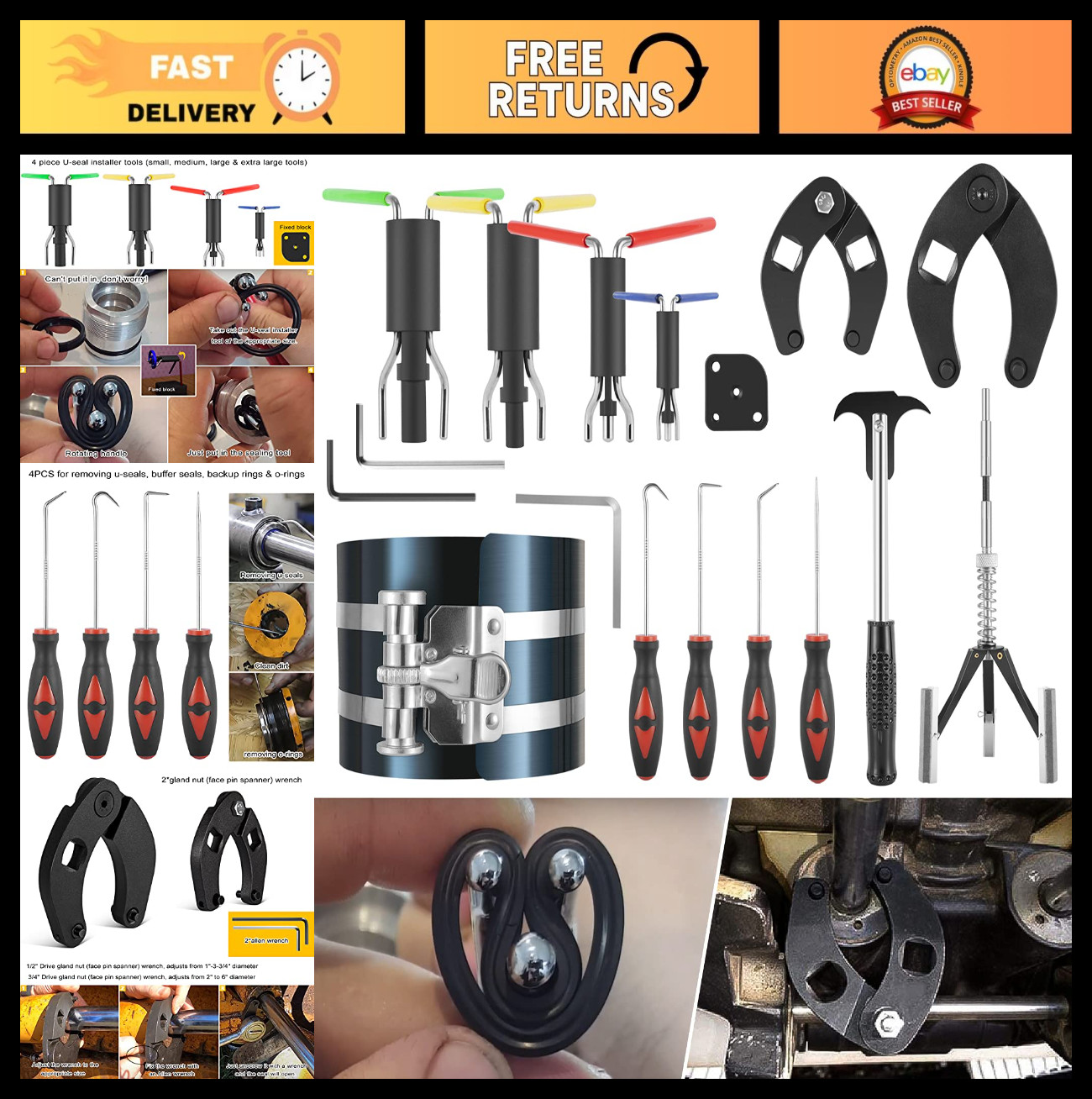 Hydraulic Cylinder Repair Tool Kit for Skid Steers, Loaders & Backhoes – 17pcs S